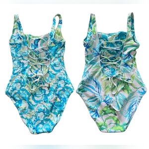 Tommy Bahama Women Reversible Lace Back One Piece Swimsuit Small Teal Tropical